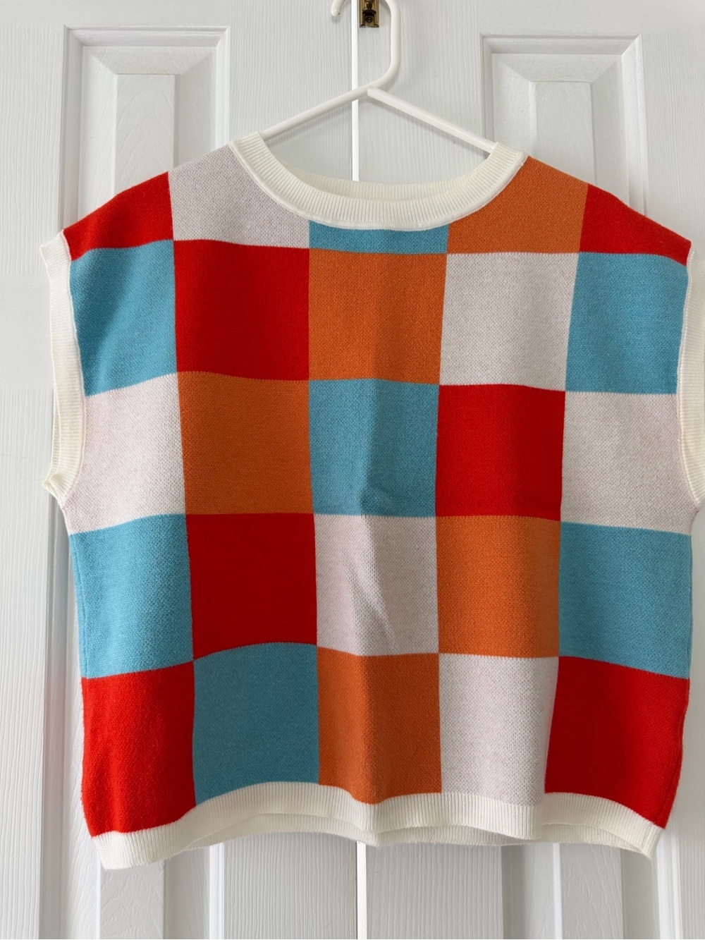 Colorblock Check Knit Sleeveless Sweater - Red / Blue / Orange / Cream